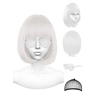 Plantureco White Wig And Party Sunglasses White Wig With Bangs Short White Wig And White Bob Wig Rainbow Wig With Neon Glasse