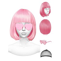 Plantureco Pink Wig And Party Sunglasses Pink Wigs For Women Pink Wig With Bangs Light Pink Wig Pink Bob Wig Pink Cosplay W