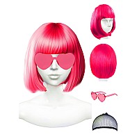 Plantureco Wig And Party Sunglasses Hot Pink Wigs For Women Dark Pink Wig And Neon Pink Wig With Bangs Bright Pink Wig Bach