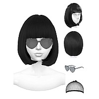 Plantureco Black Wig And Party Sunglasses Black Bob Wig Black Wig With Bangs Short Black Wig With Neon Glasses Black Wigs For