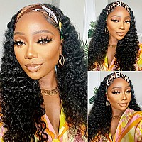 Long Human Hair Headband Wig Brazilian Curly Headband Wig Human Hair 150% Density Deep Wave Wig Glueless Virgin Hair None Lace Front Natural Color(22 inch)