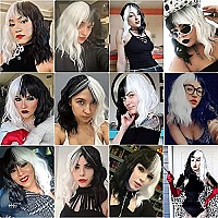 G&T Cruella Wig Black and White Wigs for Cruella Deville Costume Women Short Bob Wavy Curly Wigs for Women Shoulder Length Heat Resistant Synthetic Wigs for Party Cosplay Halloween