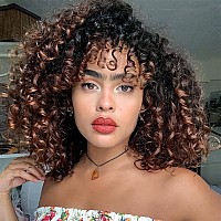 Yeame Curly Wigs For Black Women Kinky Curly Afro Wig With Bangs 2 Tone Brown Mixed Black Color Synthetic Hair African Wigs Wi