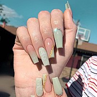 Rikview Press On Nails Long Acrylic Nails Coffin Fake Nails Green Nails With Rhinestones