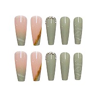 Rikview Press On Nails Long Acrylic Nails Coffin Fake Nails Green Nails With Rhinestones