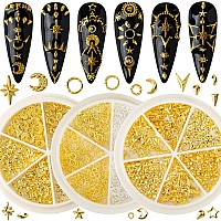 Hnuix 3D Nail Art Charms Gold Star Moon Ring Multiple Shape Gem 3 Boxes Metal Nail Decoration Studs