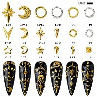 Hnuix 3D Nail Art Charms Gold Star Moon Ring Multiple Shape Gem 3 Boxes Metal Nail Decoration Studs