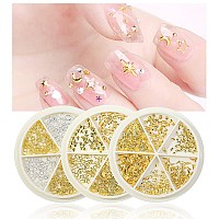 Hnuix 3D Nail Art Charms Gold Star Moon Ring Multiple Shape Gem 3 Boxes Metal Nail Decoration Studs