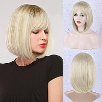 Morica Bleach Blonde Bob Wig With Bangs Short Hair Wig For Women Blonde Wig Straight Hair Bob Wig Blonde Hair Roots Synthetic He