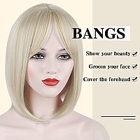 Morica Bleach Blonde Bob Wig With Bangs Short Hair Wig For Women Blonde Wig Straight Hair Bob Wig Blonde Hair Roots Synthetic He