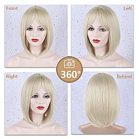 Morica Bleach Blonde Bob Wig With Bangs Short Hair Wig For Women Blonde Wig Straight Hair Bob Wig Blonde Hair Roots Synthetic He