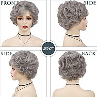 Gnimegil Short Grey Curly Wigs With Bangs For White Women Natural Good Looking Pixie Cut Wigs Synthetic Old Lady Halloween Costu