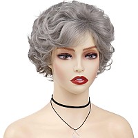 Gnimegil Short Grey Curly Wigs With Bangs For White Women Natural Good Looking Pixie Cut Wigs Synthetic Old Lady Halloween Costu