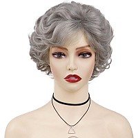 Gnimegil Short Grey Curly Wigs With Bangs For White Women Natural Good Looking Pixie Cut Wigs Synthetic Old Lady Halloween Costu