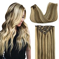 Doores Hair Extensions Clip In Human Hair Medium Brown Highlighted Golden Blonde 120G 7Pcs 18 Inch Remy Clip In Human Hair Exten