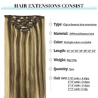 Doores Hair Extensions Clip In Human Hair Medium Brown Highlighted Golden Blonde 120G 7Pcs 18 Inch Remy Clip In Human Hair Exten