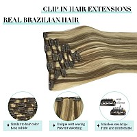 Doores Hair Extensions Clip In Human Hair Medium Brown Highlighted Golden Blonde 120G 7Pcs 18 Inch Remy Clip In Human Hair Exten