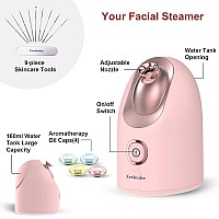 Newbealer Mini Aroma Face Steamer, 160ml Nano Ionic Hot Mist Facial Humidifier Atomizer, Home Sauna Spa Sprayer Moisturizing Cleansing Pores, 9 Pieces Acne Remover Kit Included, Pink-Gold