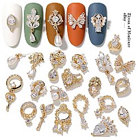 Hnuix Nail Charms And Gems Gold Copper Zircon Multiple Shapes 3D Dangle Metal Jewelry Rhinestones For Nails 24 Pieces