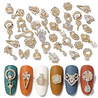 Hnuix Nail Charms And Gems Gold Copper Zircon Multiple Shapes 3D Dangle Metal Jewelry Rhinestones For Nails 24 Pieces