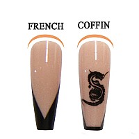 IMSOHOT Coffin Press on Nails Long French Nails Glossy Ballerina Black Fake Nails False Nails with Designs Dragon Pattern Acrylic Nails for Women and Girls