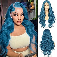 Sapphirewigs Blue Lace Front Wig Long Wavy Wigs For Women Free Part Preplucked Hailine Loose Body Wave Synthetic Wigs Steel Blu