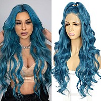 Sapphirewigs Blue Lace Front Wig Long Wavy Wigs For Women Free Part Preplucked Hailine Loose Body Wave Synthetic Wigs Steel Blu