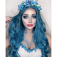 Sapphirewigs Blue Lace Front Wig Long Wavy Wigs For Women Free Part Preplucked Hailine Loose Body Wave Synthetic Wigs Steel Blu