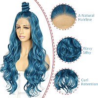 Sapphirewigs Blue Lace Front Wig Long Wavy Wigs For Women Free Part Preplucked Hailine Loose Body Wave Synthetic Wigs Steel Blu