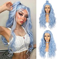 Sapphirewigs Blue Wavy Lace Front Wig Long Hair Ice Blue Wigs For Women Heat Resistant Hair Daily Use Cosplay Party Halloween Wi