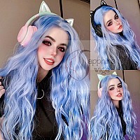 Sapphirewigs Blue Wavy Lace Front Wig Long Hair Ice Blue Wigs For Women Heat Resistant Hair Daily Use Cosplay Party Halloween Wi