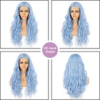 Sapphirewigs Blue Wavy Lace Front Wig Long Hair Ice Blue Wigs For Women Heat Resistant Hair Daily Use Cosplay Party Halloween Wi