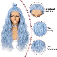 Sapphirewigs Blue Wavy Lace Front Wig Long Hair Ice Blue Wigs For Women Heat Resistant Hair Daily Use Cosplay Party Halloween Wi