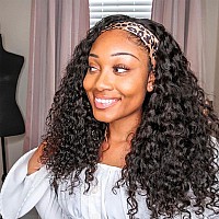 Headband Wig Curly Headband Wigs for Black Women Water Wave 180% Density Synthetic Short Wigs with Headbands Attached Natural Color,18 Inch