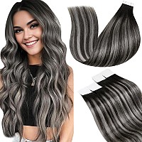 Laavoo Tape In Human Hair Extensions Ombre Tape In Extensions Human Hair Balayage Natural Black To Silver Grey Tape In Hair Exte