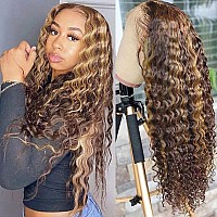 Pizazz 13x4 Transparent Honey Blonde Deep Wave Human Hair Wigs for Black women 180 Density Ombre Highlight HD Lace Frontal Wigs Human Hair Pre Plucked with Baby Hair18 Inch