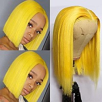 Yellow Bob Wigs Human Hair 10Inches Silky Straight Glueless 13X4 Lace Front Bleached Knots Pre Plucked With Baby Hair Yellow Hd