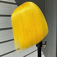 Yellow Bob Wigs Human Hair 10Inches Silky Straight Glueless 13X4 Lace Front Bleached Knots Pre Plucked With Baby Hair Yellow Hd