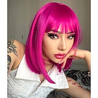 AISI BEAUTY Hot Pink Wig with Bangs Hot Pink Wigs for Women 12 Inch Short Straight Bob Wig Synthetic Hair Colored Wigs for Cosplay Party