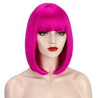 AISI BEAUTY Hot Pink Wig with Bangs Hot Pink Wigs for Women 12 Inch Short Straight Bob Wig Synthetic Hair Colored Wigs for Cosplay Party