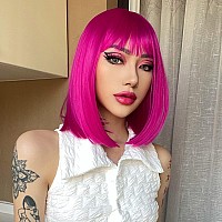 AISI BEAUTY Hot Pink Wig with Bangs Hot Pink Wigs for Women 12 Inch Short Straight Bob Wig Synthetic Hair Colored Wigs for Cosplay Party