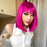 AISI BEAUTY Hot Pink Wig with Bangs Hot Pink Wigs for Women 12 Inch Short Straight Bob Wig Synthetic Hair Colored Wigs for Cosplay Party