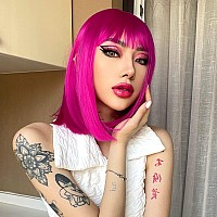 AISI BEAUTY Hot Pink Wig with Bangs Hot Pink Wigs for Women 12 Inch Short Straight Bob Wig Synthetic Hair Colored Wigs for Cosplay Party