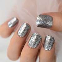 Coolnail Silver Glitter Press On Nails Square Artificial Short False Nail Tip For Office Home Fake Finger Nail Faux Ongle For Wo