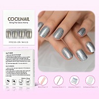 Coolnail Silver Glitter Press On Nails Square Artificial Short False Nail Tip For Office Home Fake Finger Nail Faux Ongle For Wo