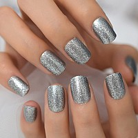 Coolnail Silver Glitter Press On Nails Square Artificial Short False Nail Tip For Office Home Fake Finger Nail Faux Ongle For Wo