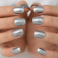 Coolnail Silver Glitter Press On Nails Square Artificial Short False Nail Tip For Office Home Fake Finger Nail Faux Ongle For Wo