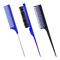 3 Pieces Hair Styling Comb Set, Includes Hair Brush Teasing Fluffy Hair Brush, Rat Tail Comb Teasing Comb and Triple Teasing Comb for Women Back Combing Hair (Blue and Black, Dark Blue)