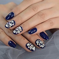 Coolnail Dark Blue Bling Rhinestones Press On False Nail Ab Crystal Diamond Glossy Uv Full Cover Oval Fake Fingernail Salon Mani