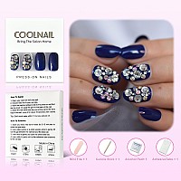 Coolnail Dark Blue Bling Rhinestones Press On False Nail Ab Crystal Diamond Glossy Uv Full Cover Oval Fake Fingernail Salon Mani